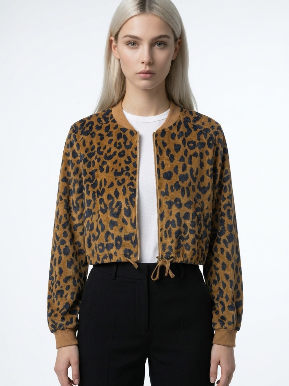 Essue | Animal Print Textured Semi Crop Zip Front Jacket Women’s Size Medium